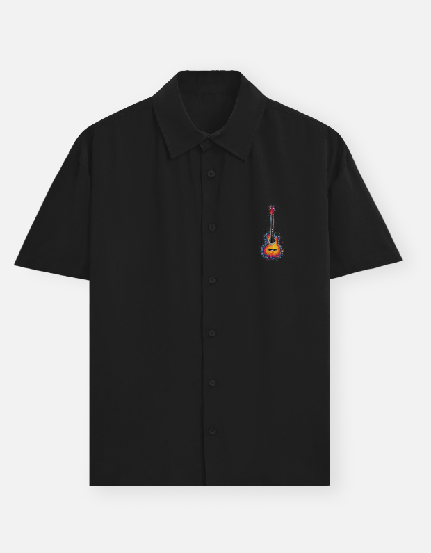 Artistic Guitar Print Unisex Oversized Cotton Shirt – 240 GSM | Half Sleeves | Front & Back Design | Trendy Streetwear.