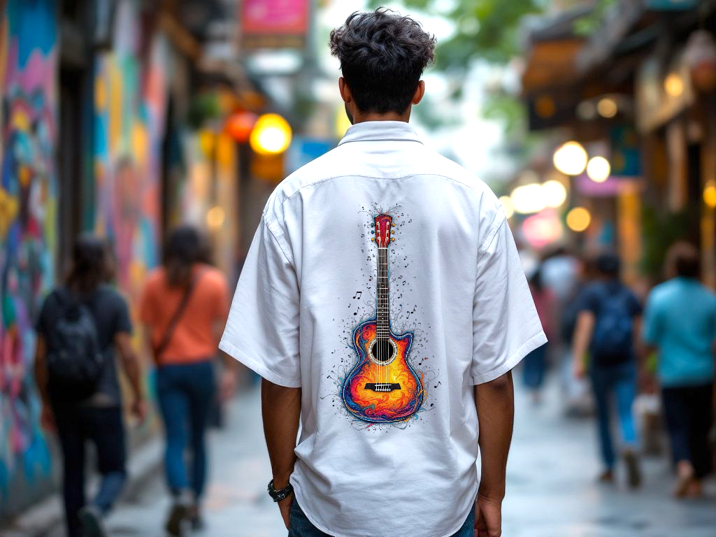 Artistic Guitar Print Unisex Oversized Cotton Shirt – 240 GSM | Half Sleeves | Front & Back Design | Trendy Streetwear.
