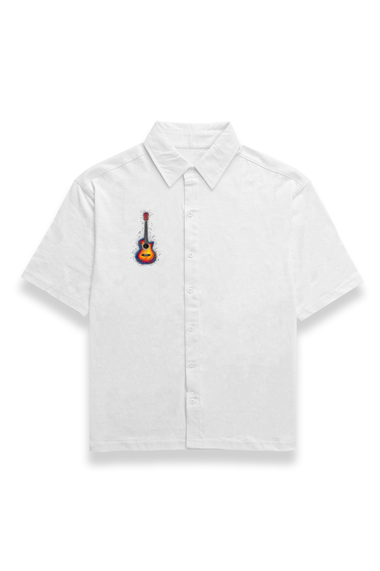 Artistic Guitar Print Unisex Oversized Cotton Shirt – 240 GSM | Half Sleeves | Front & Back Design | Trendy Streetwear.