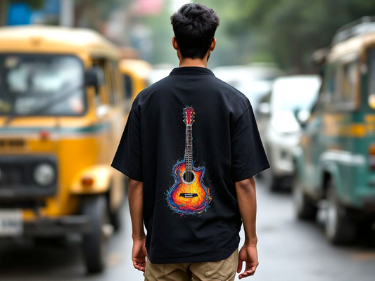 Artistic Guitar Print Unisex Oversized Cotton Shirt – 240 GSM | Half Sleeves | Front & Back Design | Trendy Streetwear.