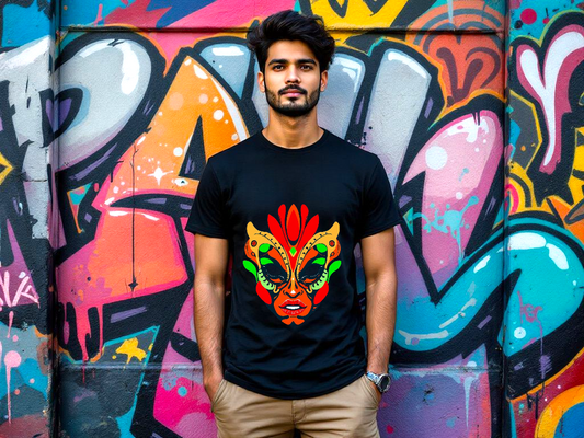 Premium Supima Cotton T-Shirt – Vibrant Tribal Face Art | Ultra-Soft, Bold Streetwear Style.