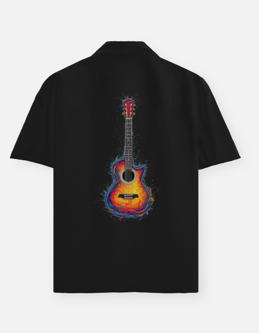 Artistic Guitar Print Unisex Oversized Cotton Shirt – 240 GSM | Half Sleeves | Front & Back Design | Trendy Streetwear.