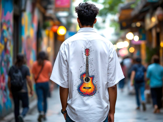 Artistic Guitar Print Unisex Oversized Cotton Shirt – 240 GSM | Half Sleeves | Front & Back Design | Trendy Streetwear.